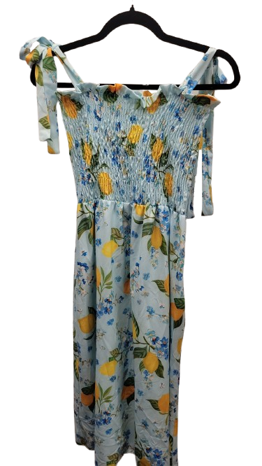 UN6 Lemon Blue Smocked Dress with Tie Straps LOOWIE