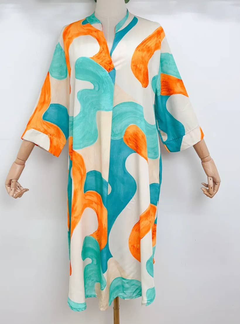 SV344 Italian One Size Blue Orange Fuchsia Midi Dress