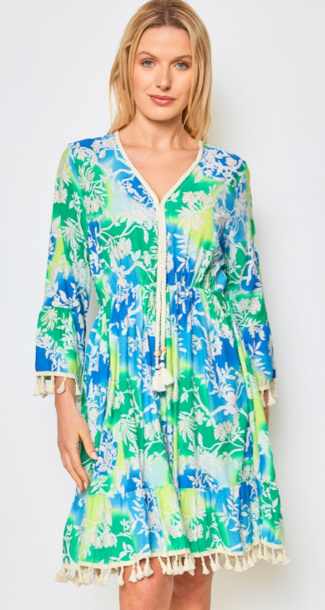CIR158B Blue Bohemian V-Neck Dress w/ Long Sleeves
