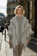 MCFCBE One Size Beige Faux Fur Trimmed Fringe Cape