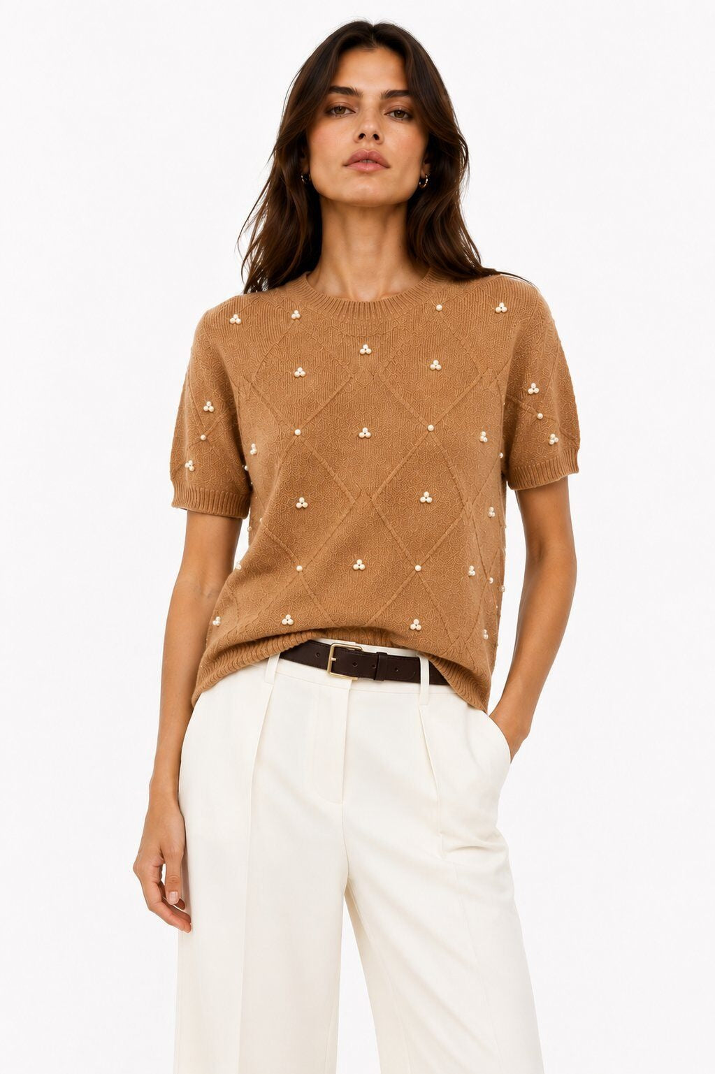 LUBDS7 Camel Beaded Diamond Sweater