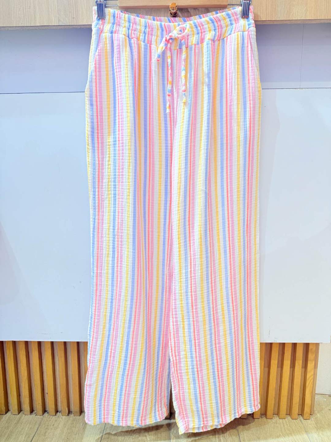 IV25226135BL Gauze Cotton Striped Pants Plus Size Blue