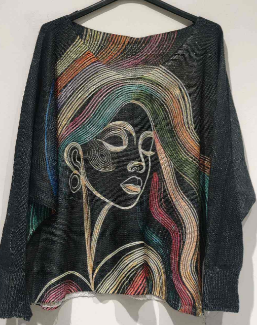 POLADY Black Face Round Knit Printed Sweater LOOWIE