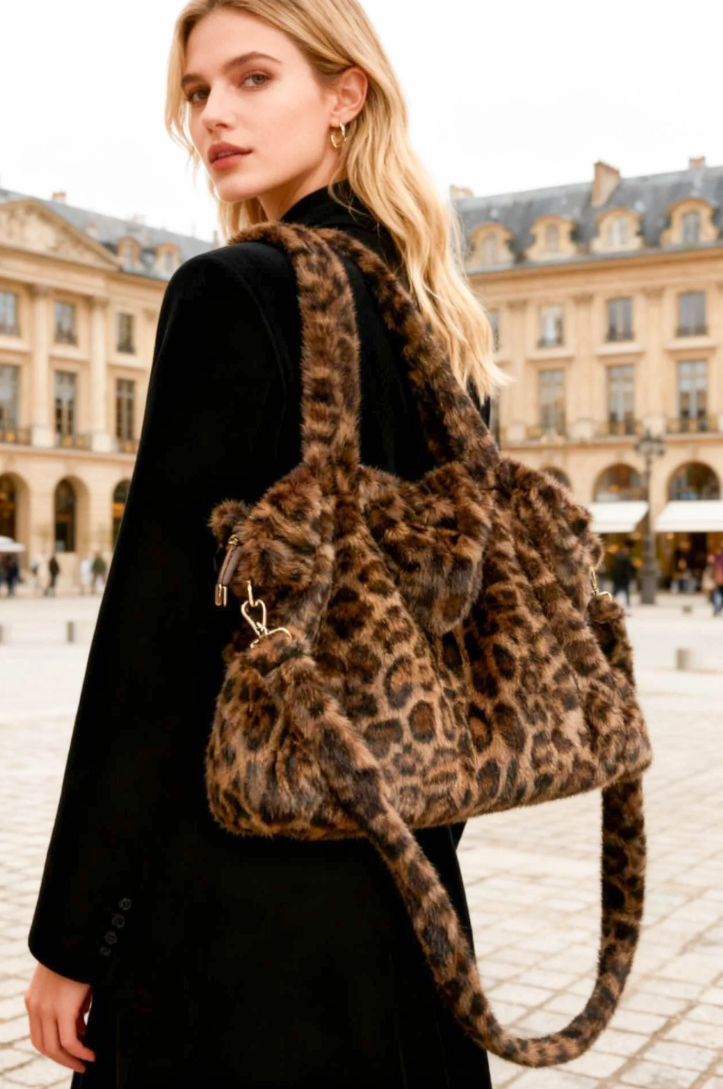 MCLPSBCH Faux Fur Chocolate  Leopard Print Shoulder Bag