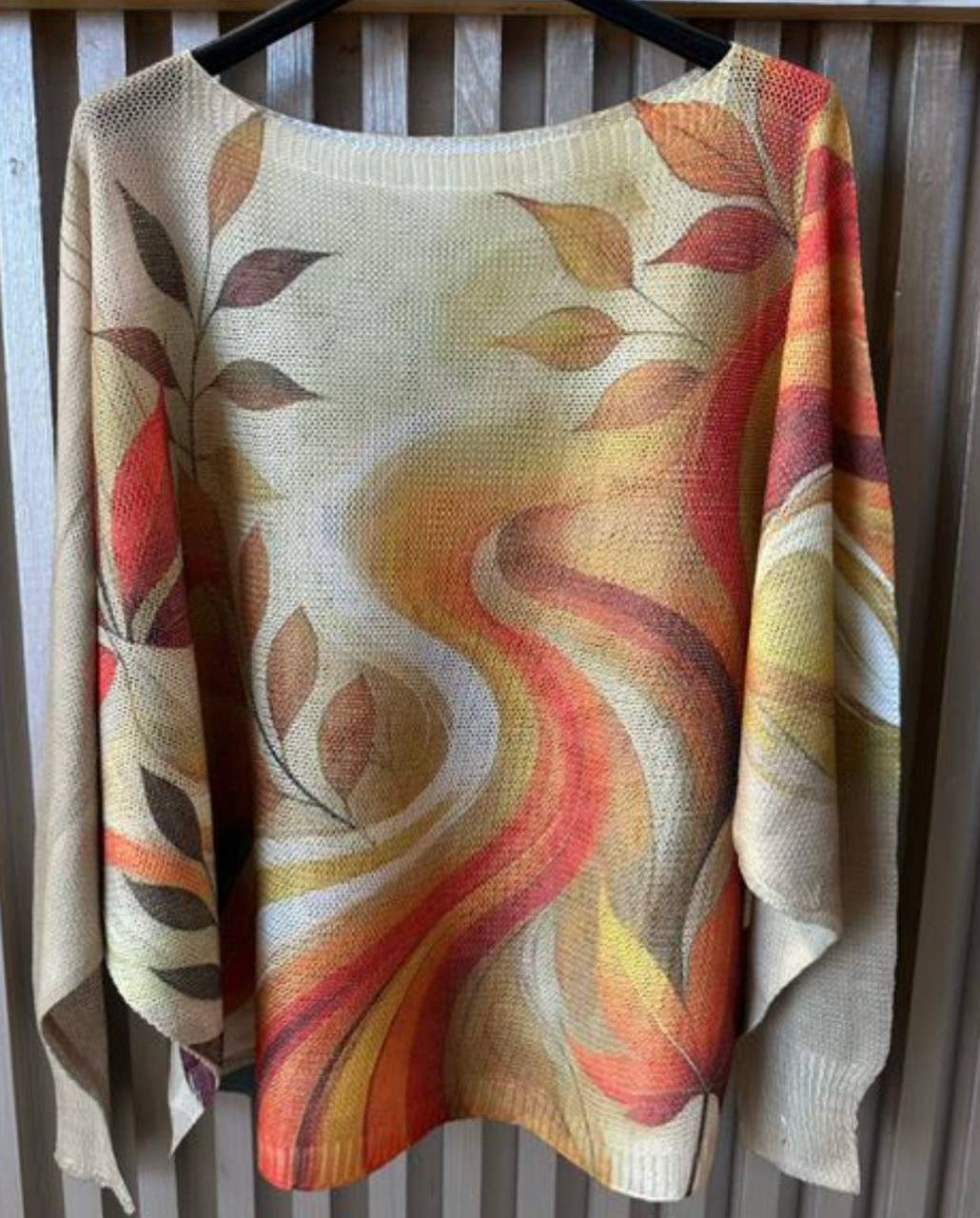 VIF3 Cream Fall Leaves Round Neck Knit Printed Sweater