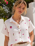 IVA227WH Gauze Cotton Floral Embroidered Shirt White