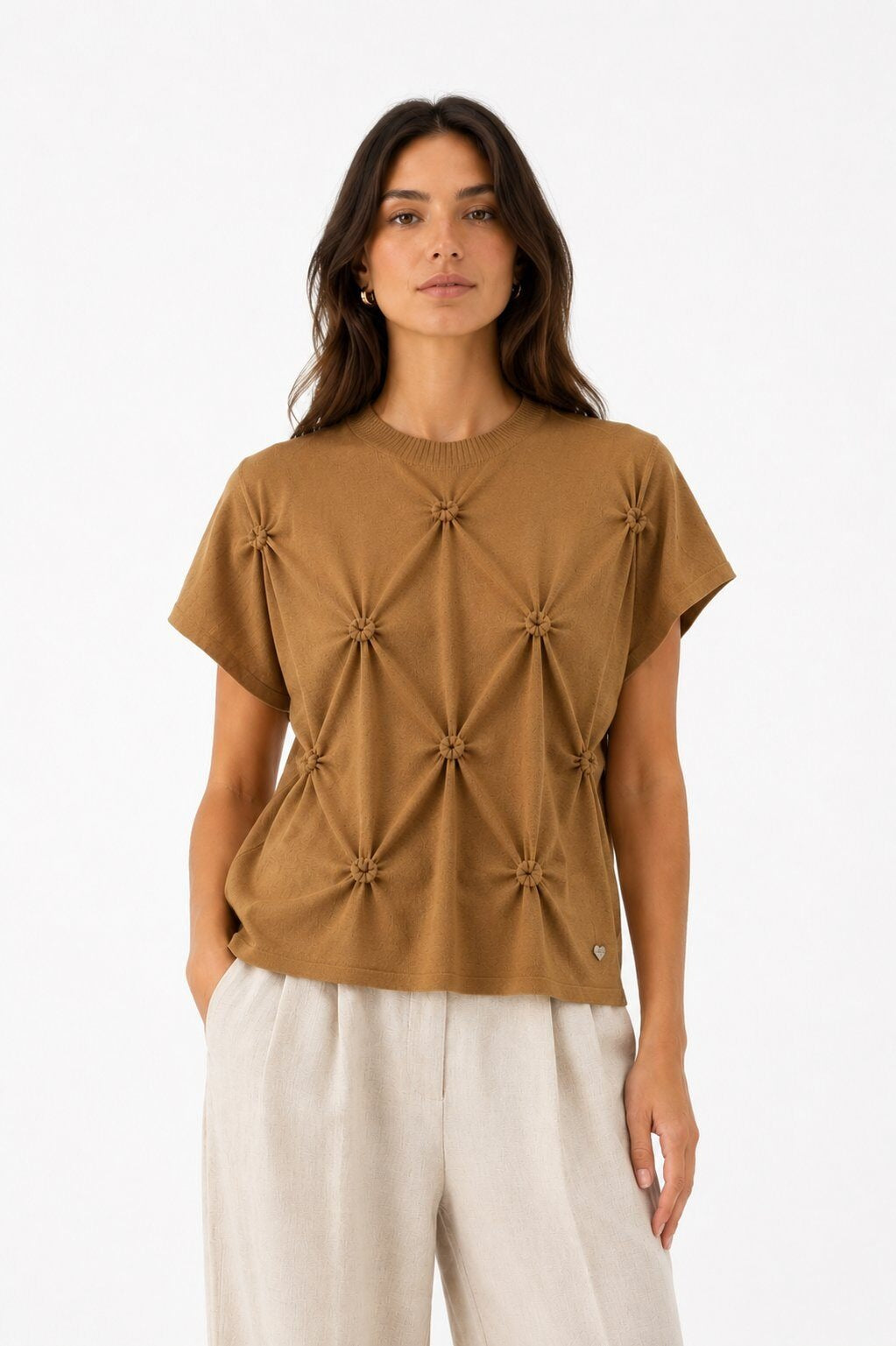 LUHPS7 Camel Handmade Pintuck Sweater