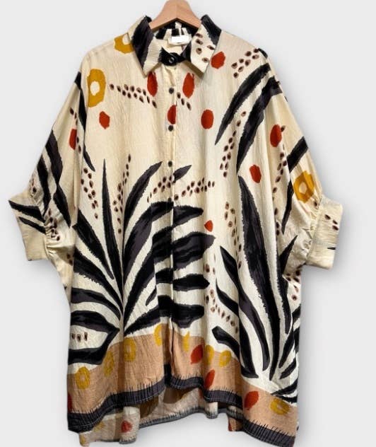 OF08BL Italian Black Oversized Button Shirt 3/4 Sleeves