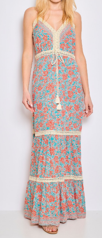 CIR131O Orange Floral V-Neck Maxi Dress w/ Spaghetti Straps