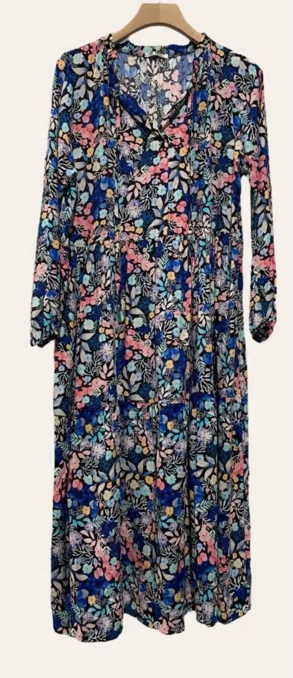 960 Navy One Size Floral Printed Long Dress LOOWIE