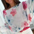 POFL1 White Floral V-Neck Knit Printed Sweater LOOWIE