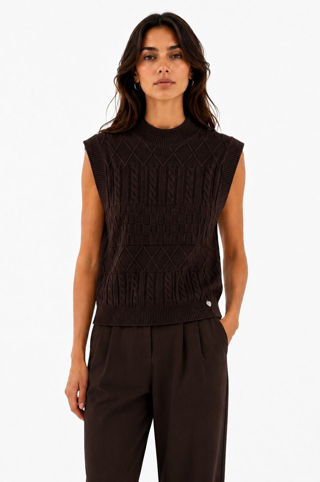 LUJKT1 Dark Brown Jacquard Knit Tank Top