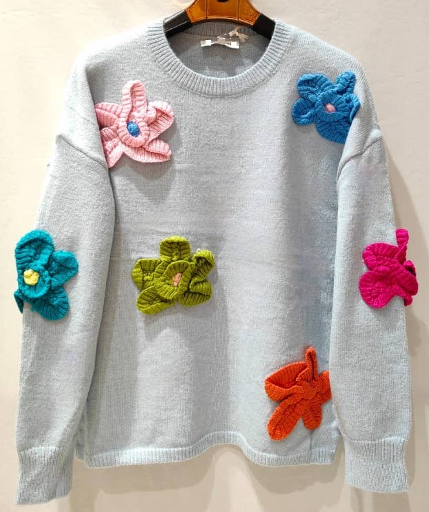 MC252 Blue Soft Comfy Sweater with 3D Flowers LOOWIE