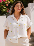 IVA112GTWH Gauze Cotton Lemon Embroidered Shirt Plus Size White