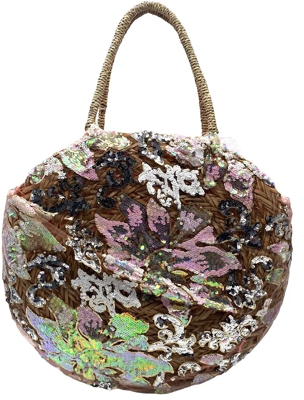 465-2 Floral Sequins Straw Round Circle Summer Bag Loowie