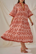 055 Rust Cotton Ikat Maxi Dress Short Sleeves LOOWIE