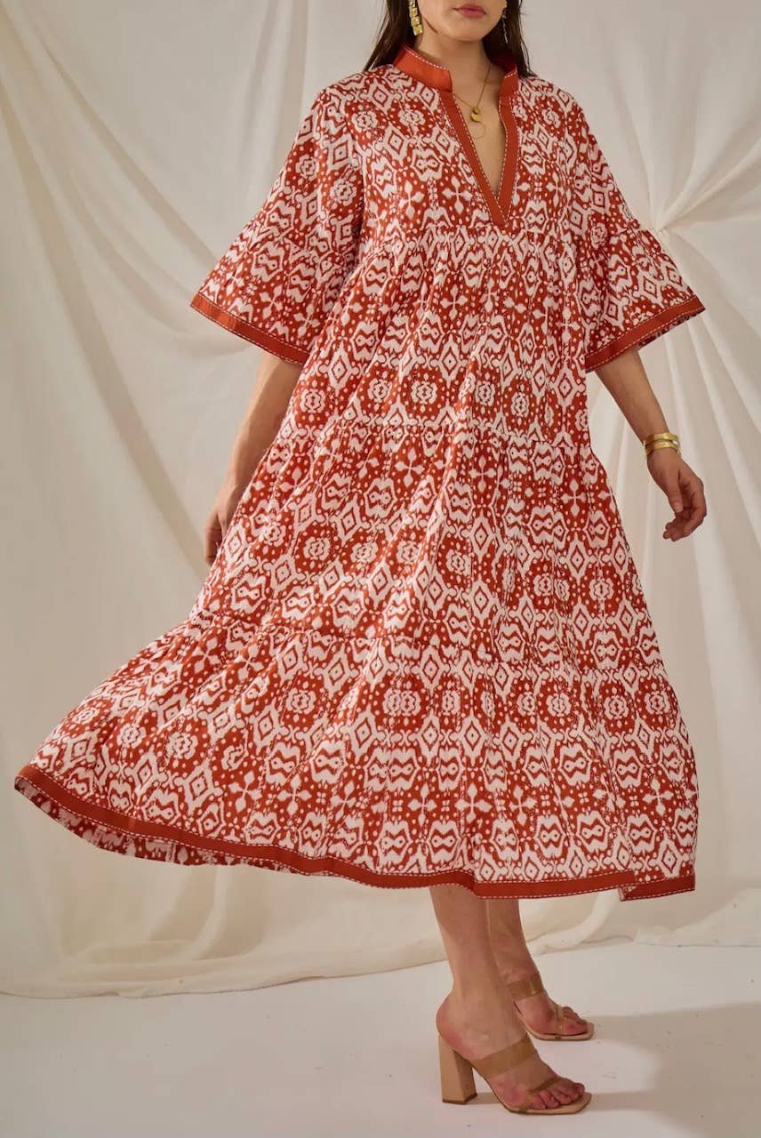 055 Rust Cotton Ikat Maxi Dress Short Sleeves LOOWIE