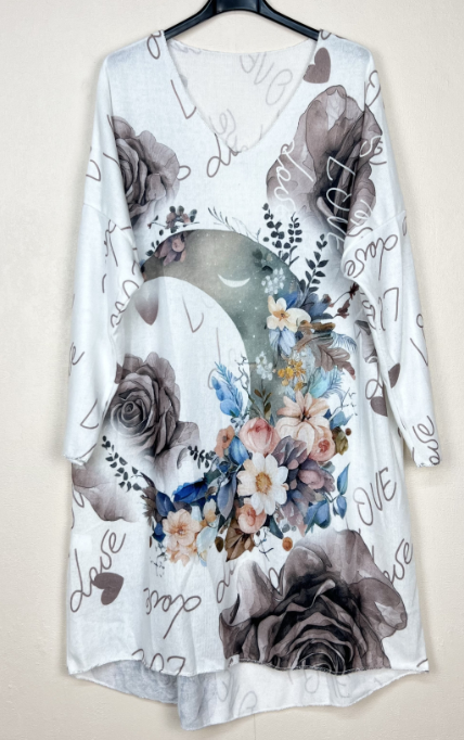 LTMO One Size Romantic Floral  V-Neck Sweater Tunic Dress