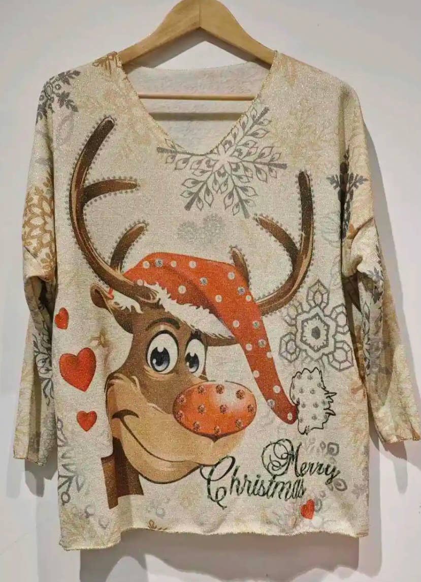 POWDC Italian Cozy Cream Deer Sweater One Size LOOWIE