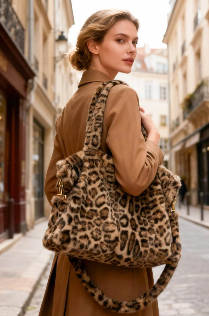 MCLPSBCA Faux Fur Camel Leopard Print Shoulder Bag