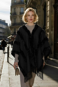 MCFCBK One Size Black Faux Fur Trimmed Fringe Cape