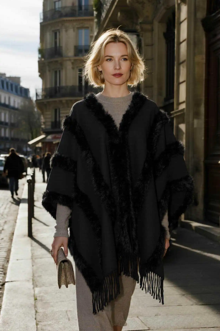 MCFCBK One Size Black Faux Fur Trimmed Fringe Cape