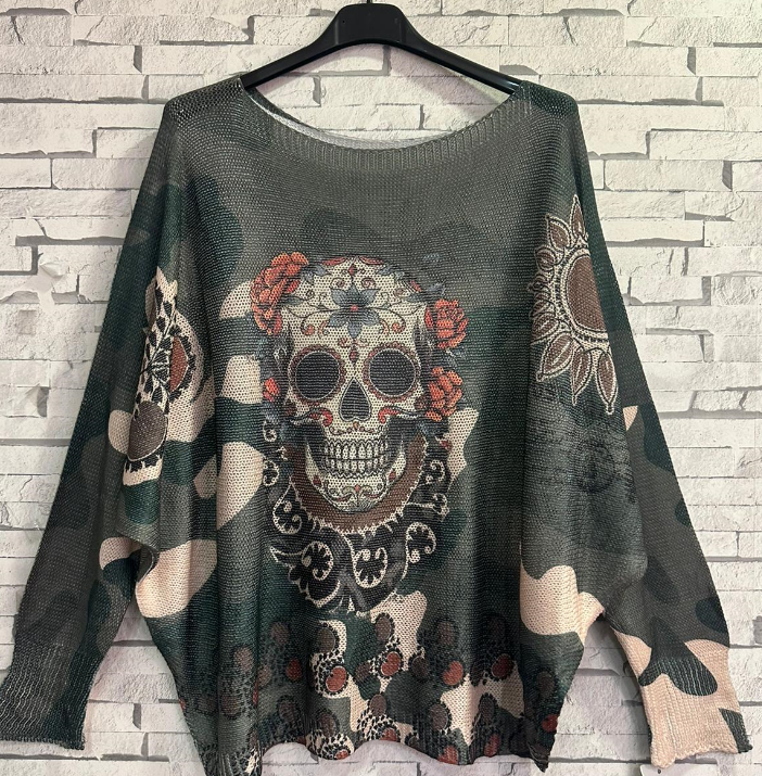 ZBX34 One Size Olive Skull Printed Sweater LOOWIE