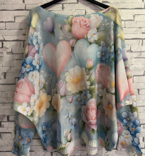 ZAHEA Blue Heart Round Neck Knit Printed Sweater LOOWIE