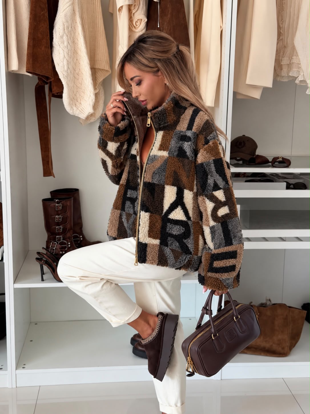 SWTJ5 Brown Letter Print Teddy Jacket
