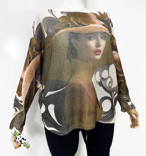 ZPS5 PLUS SIZE Brown Lady Printed Sweater LOOWIE