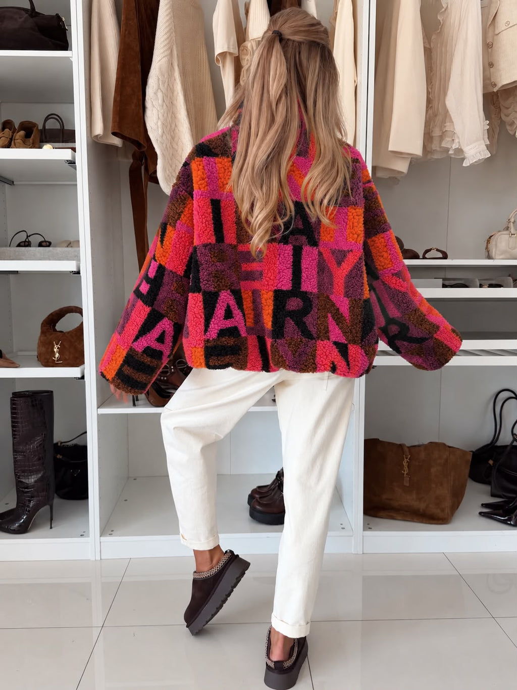 SWTJ3 Pink Orange Letter Print Teddy Jacket
