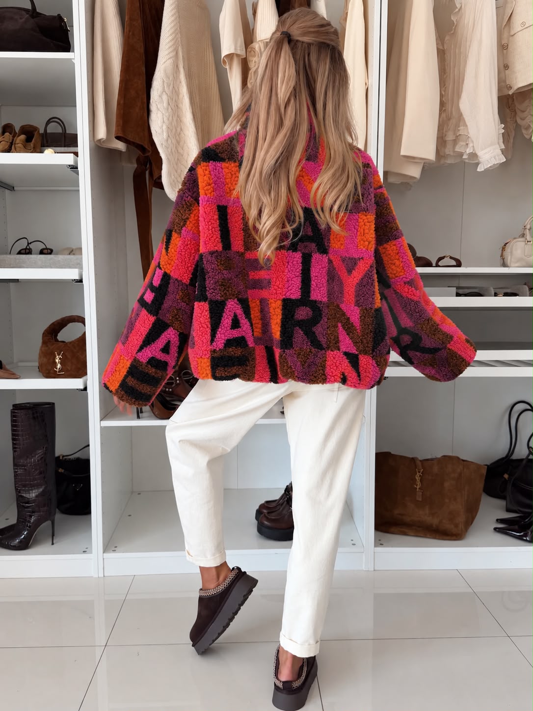 SWTJ3 Pink Orange Letter Print Teddy Jacket