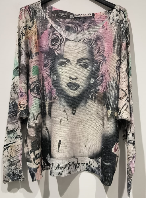 COMA Gray Face V-Neck Knit Printed Sweater LOOWIE