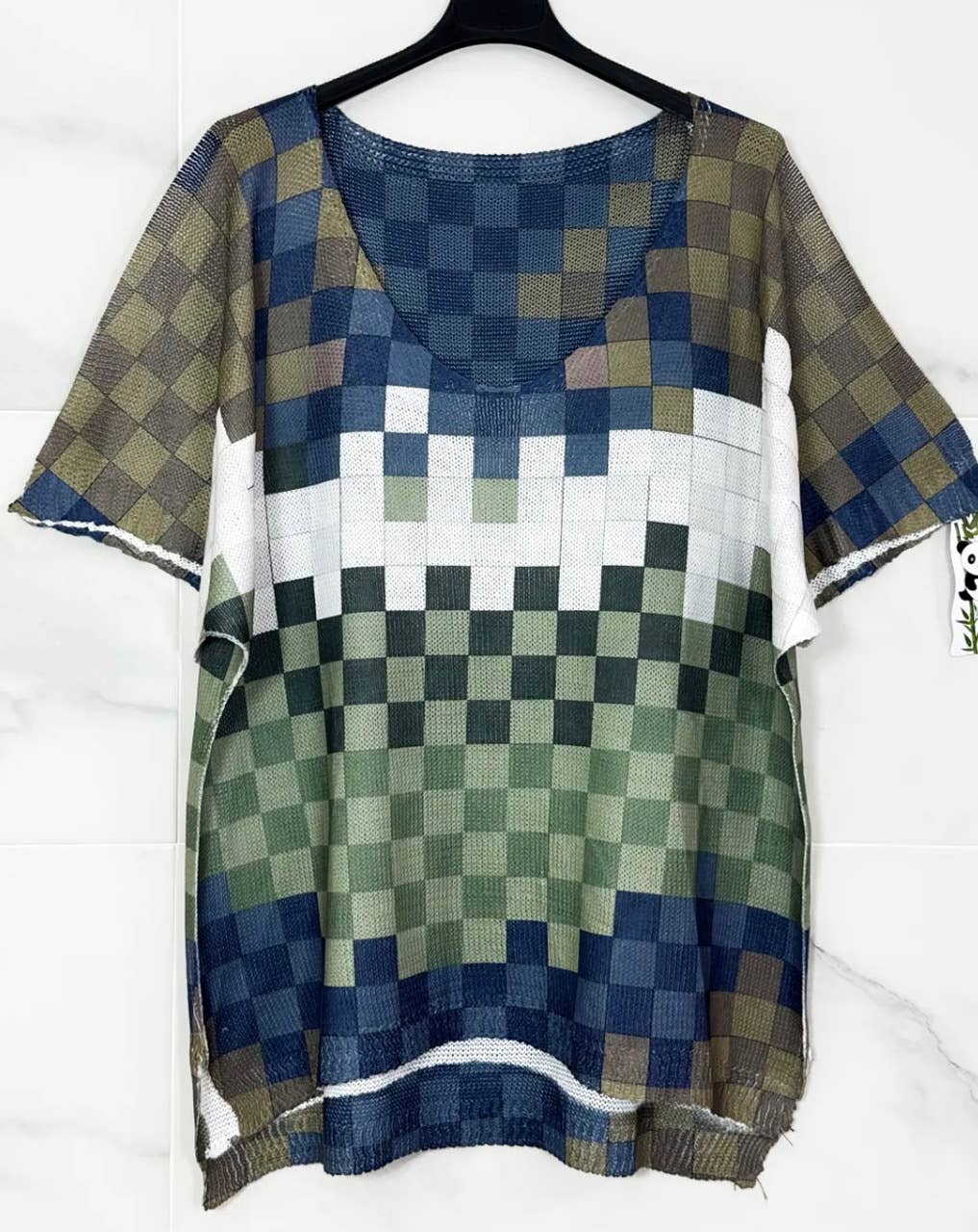 2128 Checks Olive V-Neck Knit Printed Short Sleeves Sweater