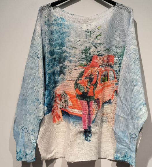 POGIF Blue Gift Round Knit Printed Sweater LOOWIE