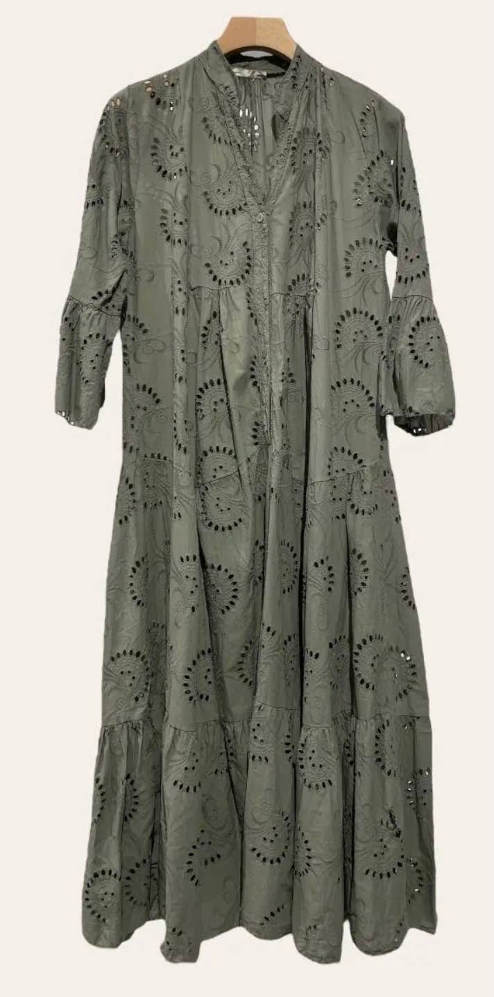 681 Olive One Size Cotton English Embroidery Long Dress
