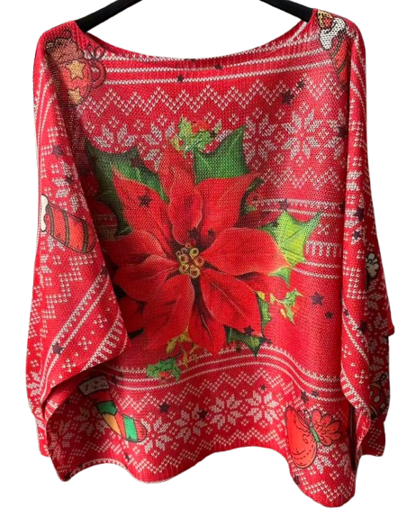 VIC1 Red Poinsettia Christmas Round Knit Printed Sweater