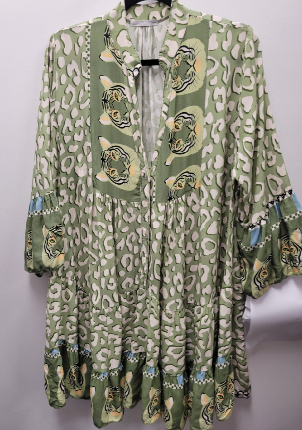 980220 Olive One Size Italian Leopard Short Printed Dress