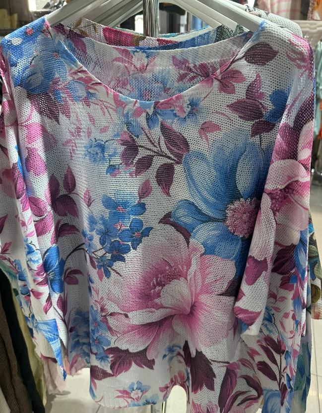 COFL9 Pink Blue Floral Round Knit Printed Sweater LOOWIE