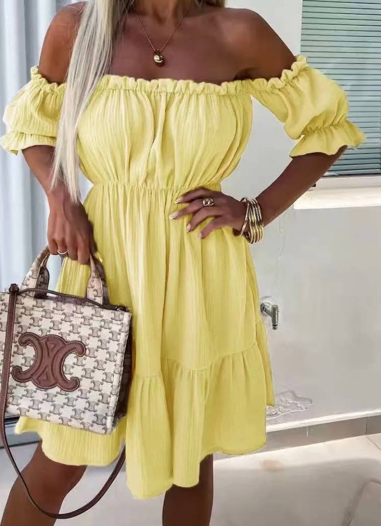 RDY Yellow Off-the-Shoulder Ruffled Summer Dress LOOWIE
