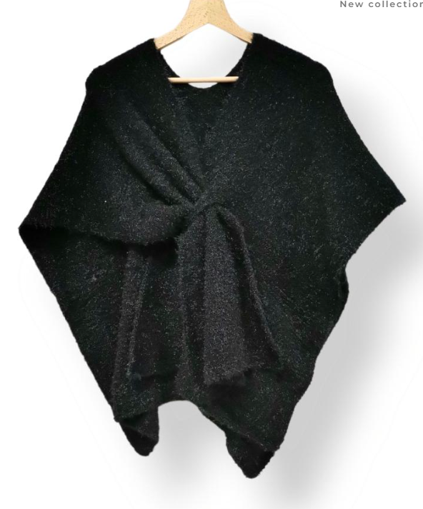22238 Italian Knit Black Cozy Warm Poncho with Loop LOOWIE