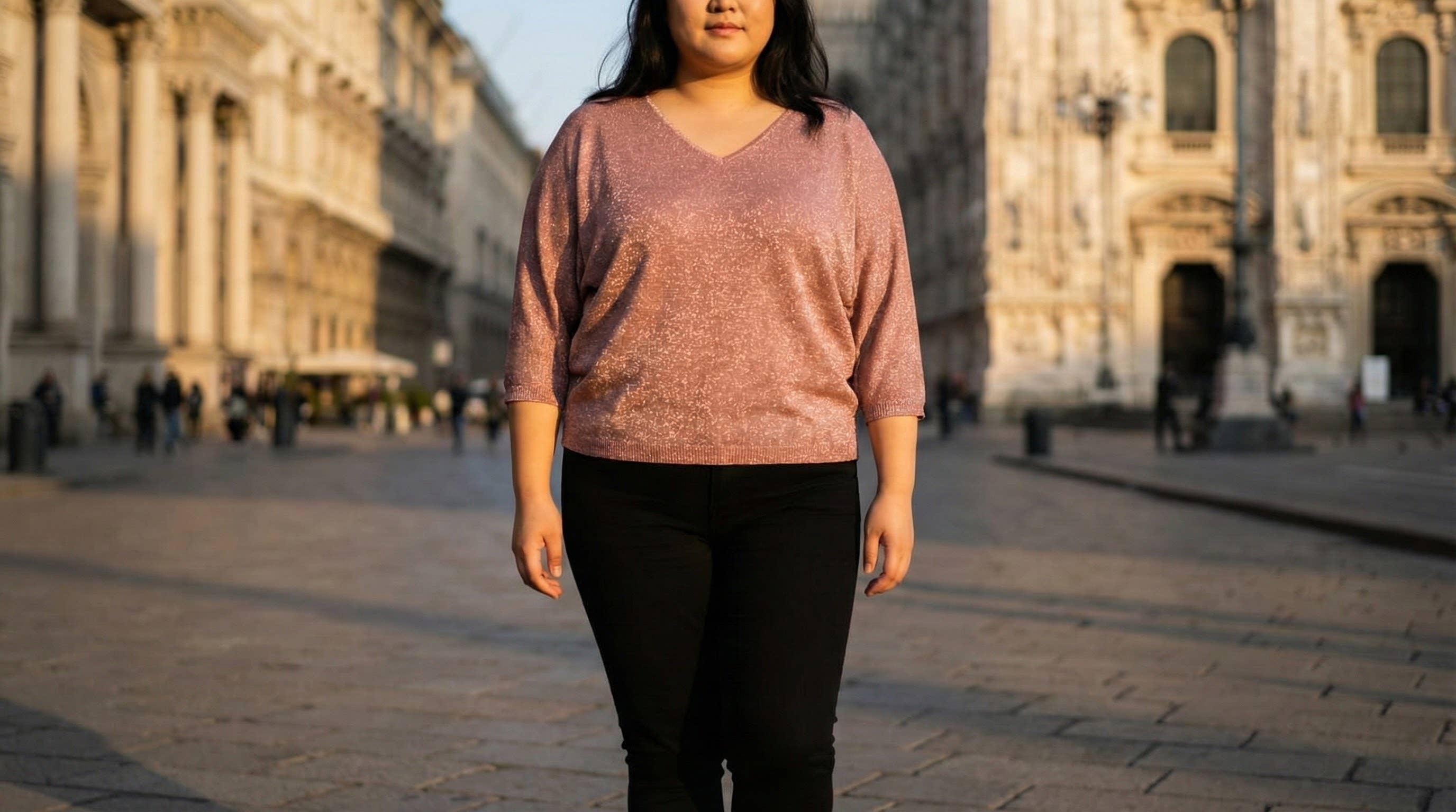 POSR Italian One Size Rose Shiny Lurex Knit V-Neck Sweater