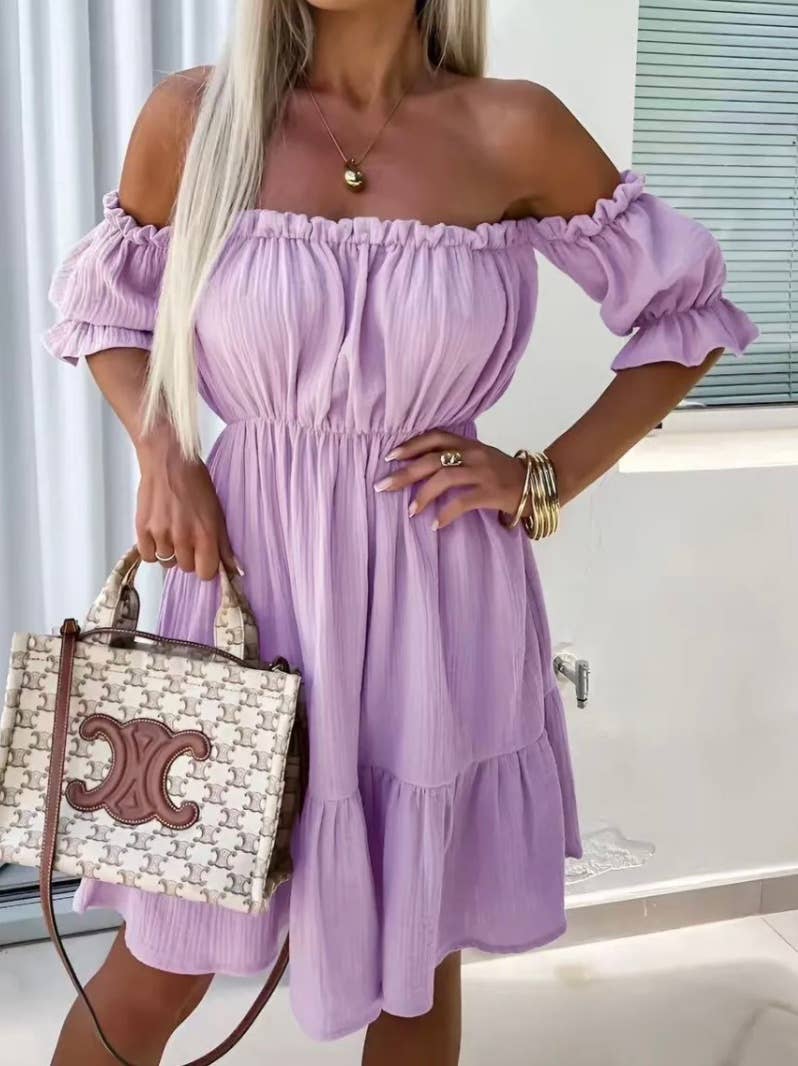 RDL Lavender Off-the-Shoulder Ruffled Summer Dress LOOWIE