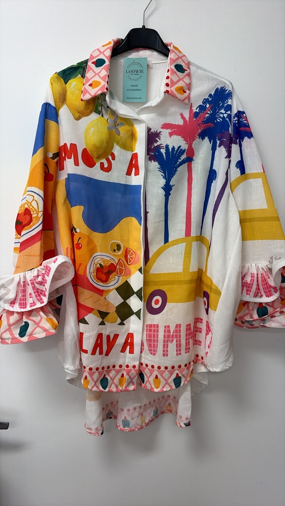 ZOPSLS Summer Lemon Printed Linen Shirt White
