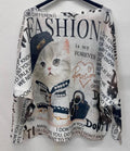 LCAT Cute Cat Round Knit Printed Sweater LOOWIE