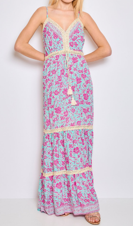 CIR131P Pink Floral V-Neck Maxi Dress w/ Spaghetti Straps
