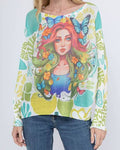 C5112 Green Butterfly Girl Knit Printed Sweater LOOWIE