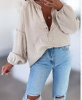 Beige Gauze Cotton Long-Sleeve Buttoned V-Neck Shirt LOOWIE
