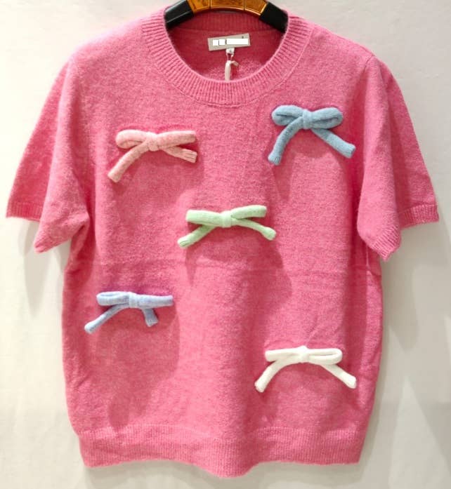 MC965 Pink Soft Comfy Sweater Short Sleeves Bows LOOWIE
