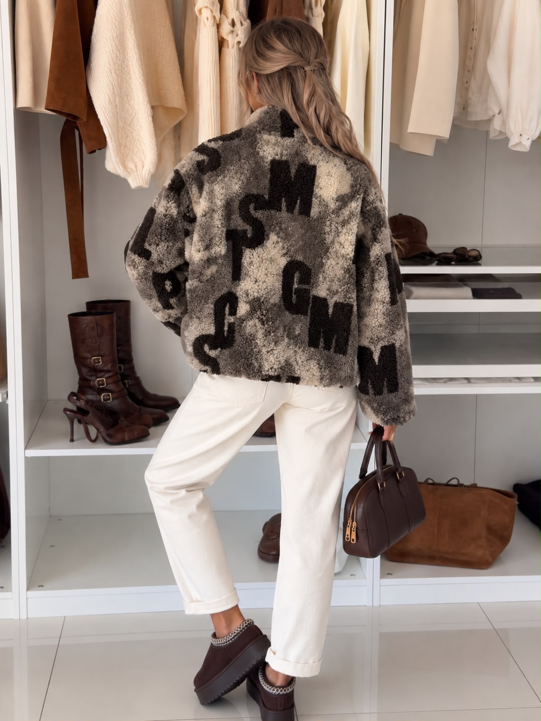 SWTJ4 Gray Letter Print Teddy Jacket